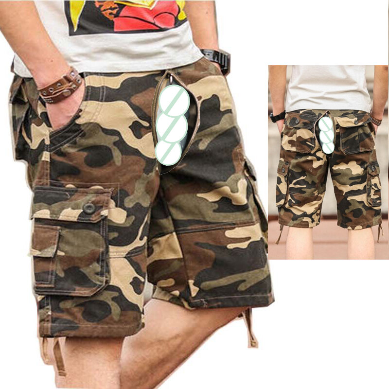 Letnie niewidoczne otwarte krocze seks kamuflaż męskie szorty bojówki bawełniane spodnie plażowe spodnie z kieszeniami odzież męska