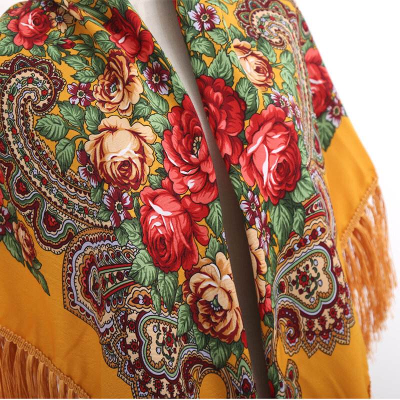 Gaya Rusia wanita bunga Peony dicetak rumbai panjang syal persegi besar katun hangat bungkus selendang etnis Meksiko tradisional