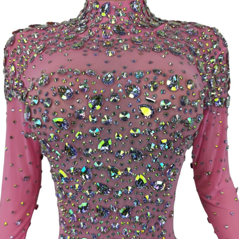 Multicolored Sparkly Rhinestones Crystal Sexy Long Dress Pink Women Evening Ballroom Clothing Stage Singer Party Costume Cuixing