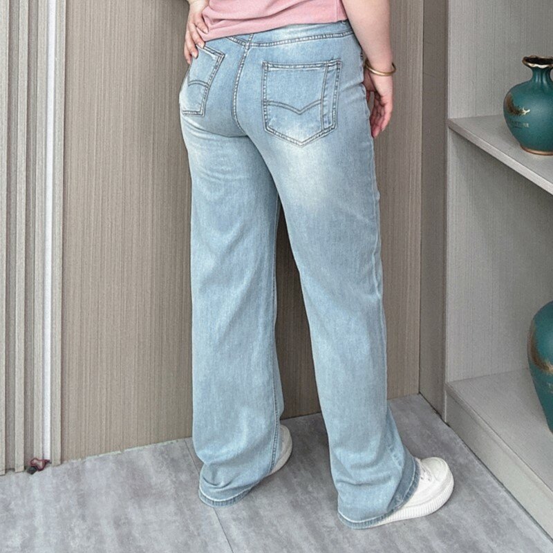 Jeans reto para mulheres, calças finas de elástico, comprimento total solto, perna larga, tamanho grande, lazer, novo, primavera, verão, 2022
