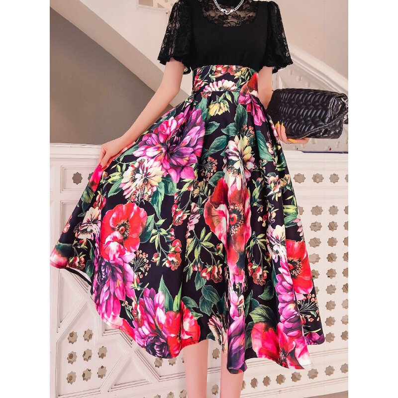 Woman Fashion Retro Elegant Big Flower Print Floral Skirt Female Mid-length A-line Skirts Ladies High Waist Femme Skirts Q636
