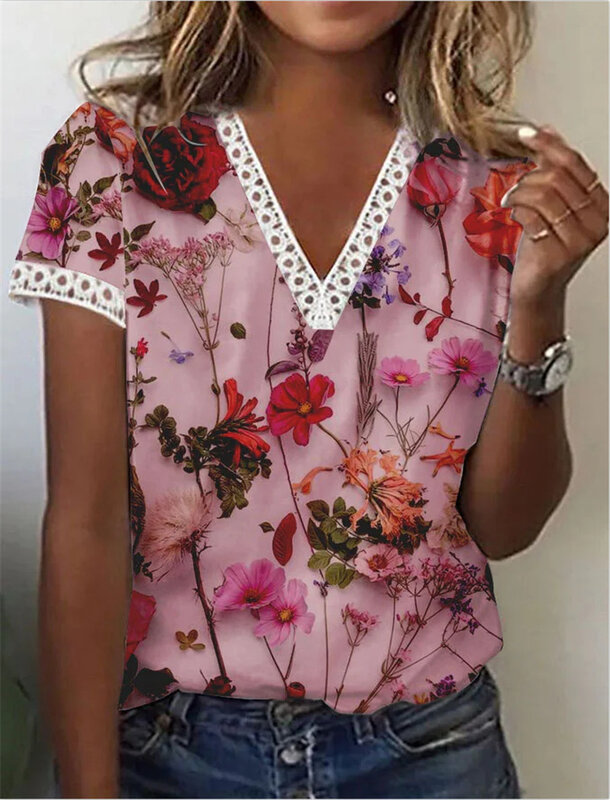 2023 New Summer S-3XL Women's V-neck Flower Printing Lace Edge Loose Casual T-shirt Femme Short Tee Shirt Top Streetwear Office
