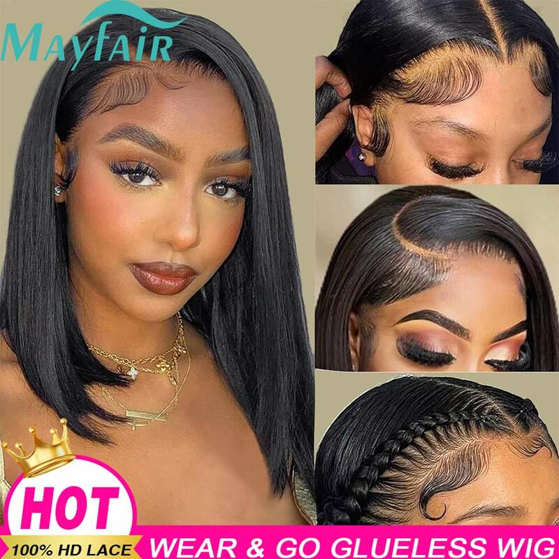 Wear and Go Glueless Bob Wigs Human Hair Pre Plucked Straight Short 180 Density 4x4 HD Lace Closure Wig Human Hair Natural Black