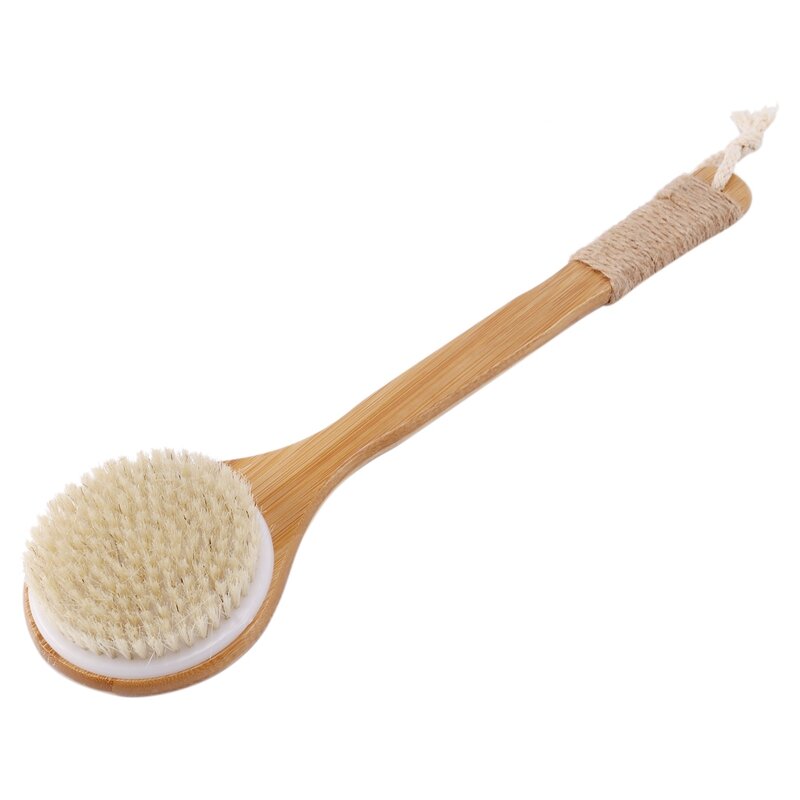 Cepillo exfoliante de baño para piel seca, depurador de espalda de cerdas naturales con mango largo de madera para ducha, elimina la piel muerta