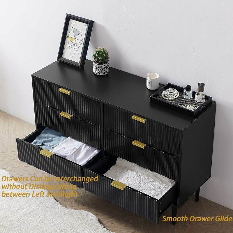 Okvnbjk Black Dresser for Bedroom, Modern 6 Drawer Dresser with Metal Handles, Small Wood Dresser Chest, Wide Storage Closet