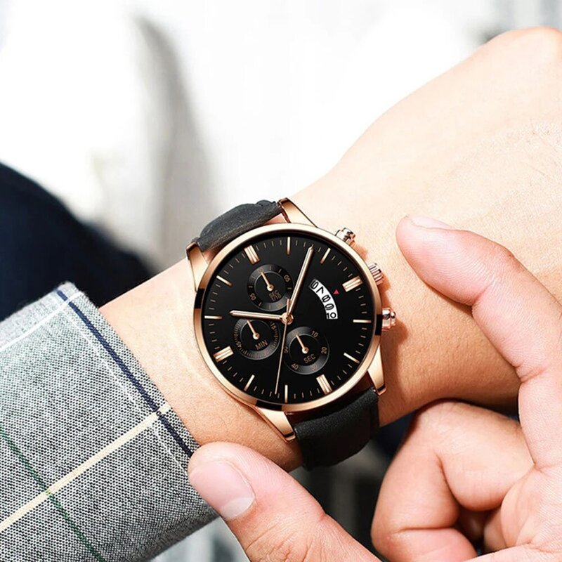 Relógio de quartzo de negócios masculino moda falso três-olho seis pinos calendário masculino cinto de malha masculino esportes & lazer relógio de pulso