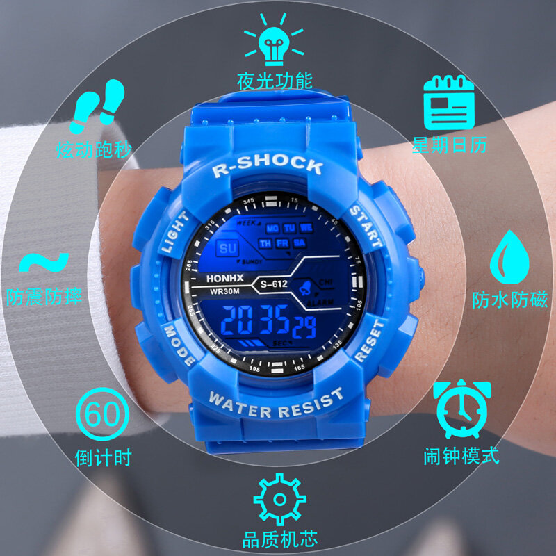 男性用多機能デジタルLED腕時計,発光,防水