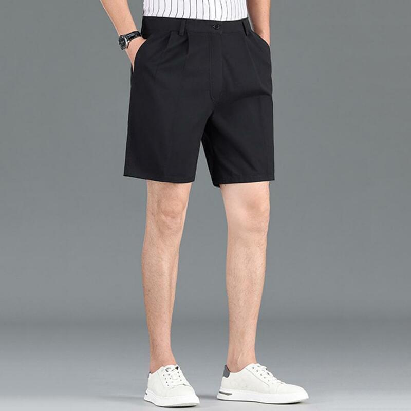 Breathable Workout Shorts Men's High Waist Suit Shorts Button Fly Casual Office Shorts Solid Color Straight Wide Leg Knee Length