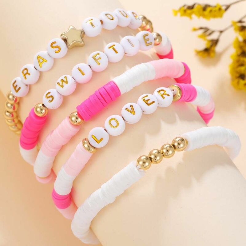 Bracelet en argile Taylor Swift, lettres anglaises majuscules, superposition bohème, perles en argile douce rose, cadeaux pour fan