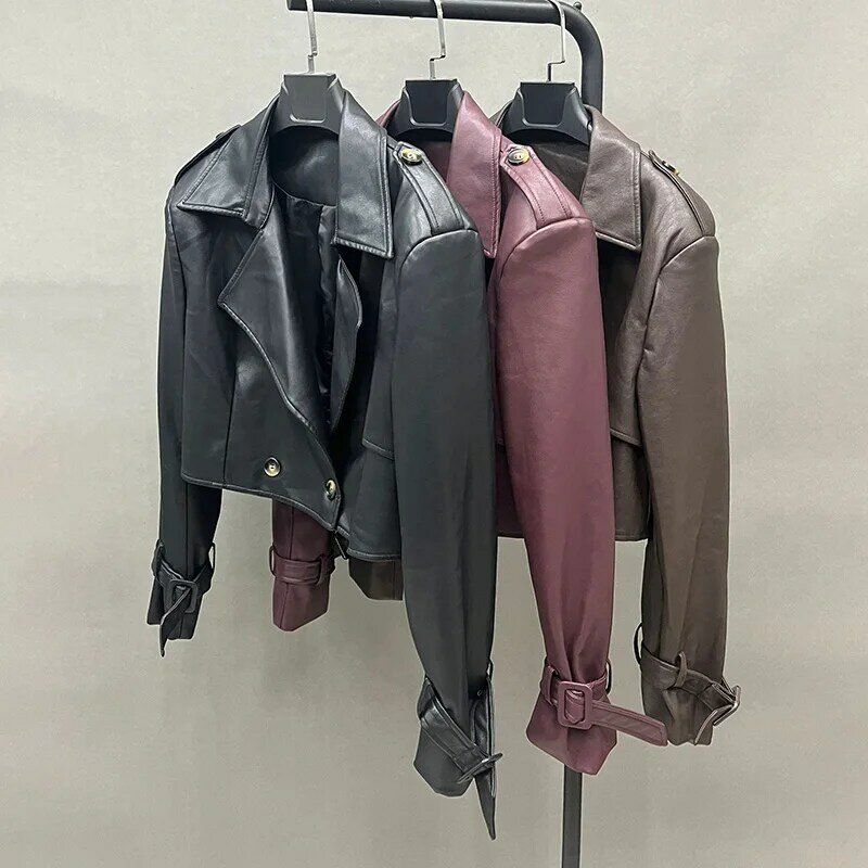 Trench coat de couro para mulheres, Casacos Veganos para Senhora, Casaco de rua feminino, QX5997, 2024