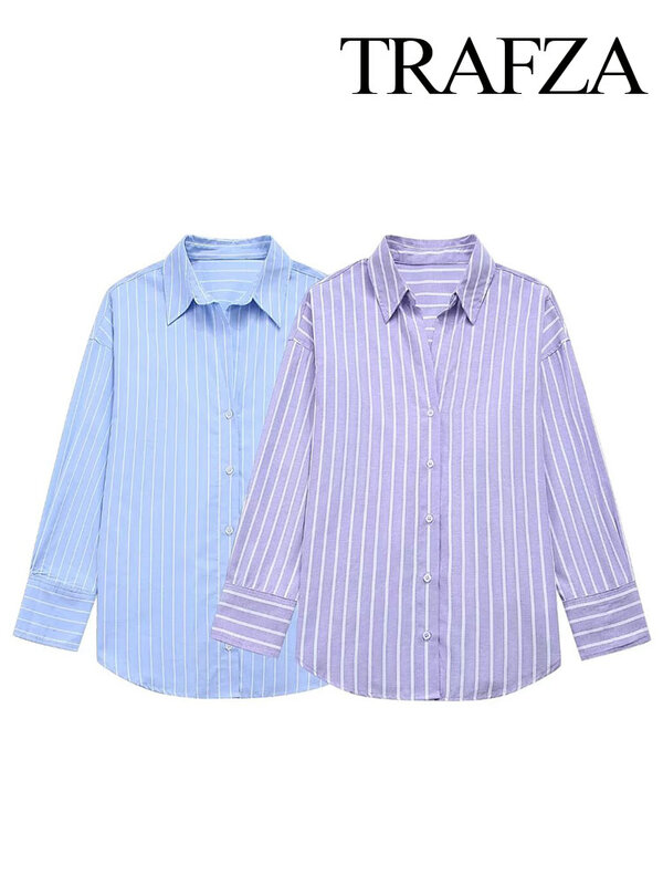 TRAFZA Women Summer Fashion Striped Shirt Versatile Long Sleeve Elegant Turn Down Collar Single Breasted 2 Colors Blouse Mujer