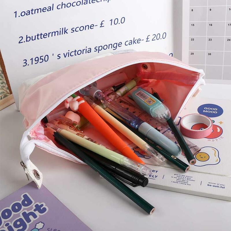 Kotak pensil peralatan tulis pelajar, tempat pensil lipat nilai wajah tinggi dengan ritsleting kapasitas besar manis lucu