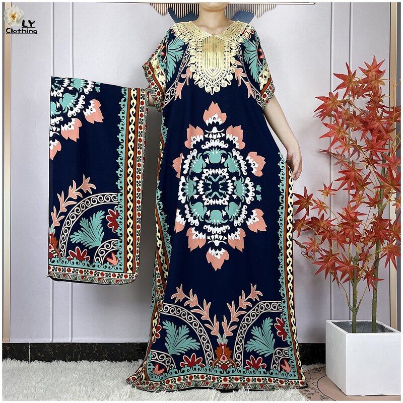 New Summer Short Sleeve Dresses Floral Printed Cotton Loose Boubou Maxi Islam Women Dress 2024 African Abaya Traditional Clothes