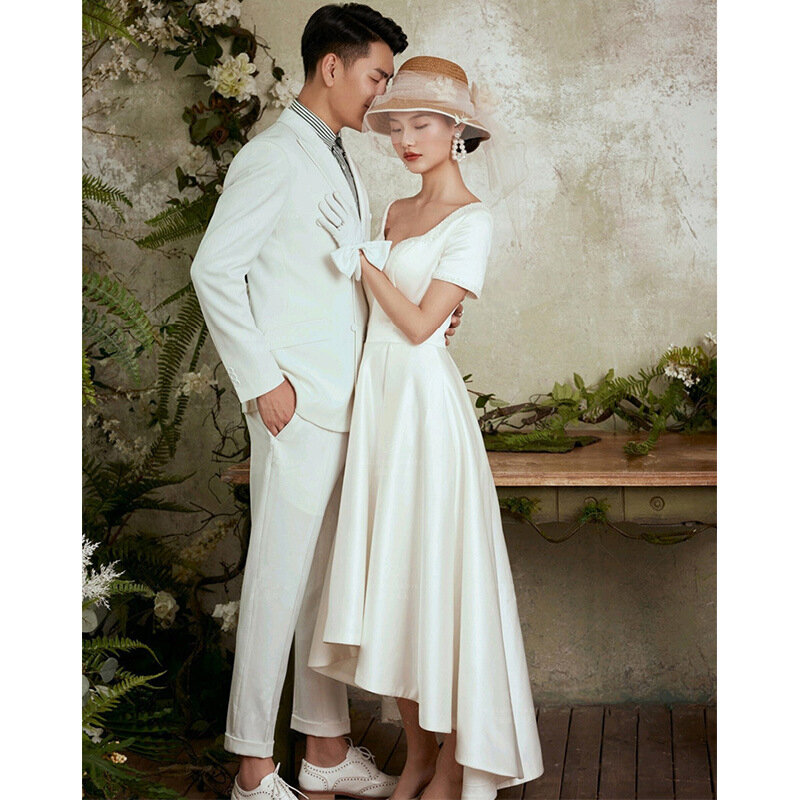 Gaun pesta pernikahan wanita, gaun Formal Satin putih sederhana Prancis elegan lengan pendek untuk perempuan