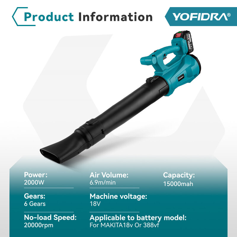 YOFIDRA-soplador de aire eléctrico, herramienta para limpiar hojas caídas, polvo y nieve, 2000W, regulación de 6 velocidades para batería Makita de 18V
