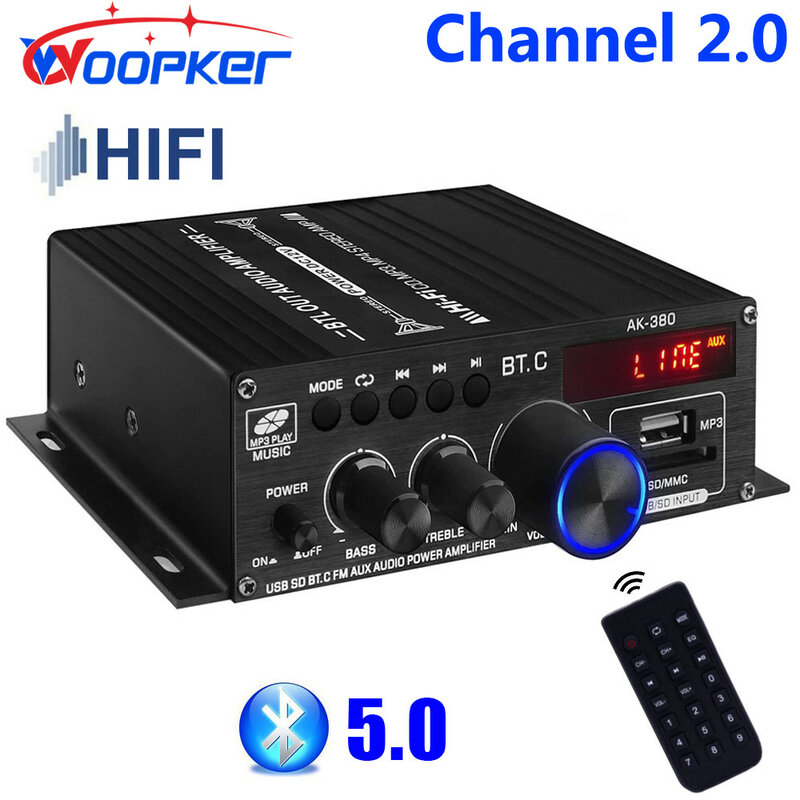 Усилитель звука Woopker, канал 2,0, HIFI, Bluetooth, домашнее цифровое аудио 12 В, 3 А, AK380, AK370, AK280, AK270, AK170 для автомобиля, бас, Trebl