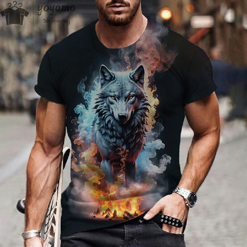 Camiseta 3D com estampa animal digital masculina, camisa estampada lobo, mangas curtas, pulôver confortável, roupas com o pescoço, camiseta extragrande