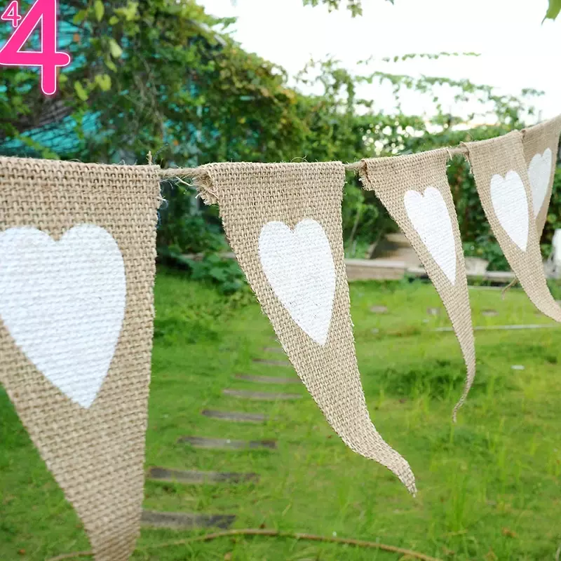 Vintage Fabric Hessian Bunting Rustic Burlap Banner Shabby Wedding Party Birthday Decor White Love Heart S1