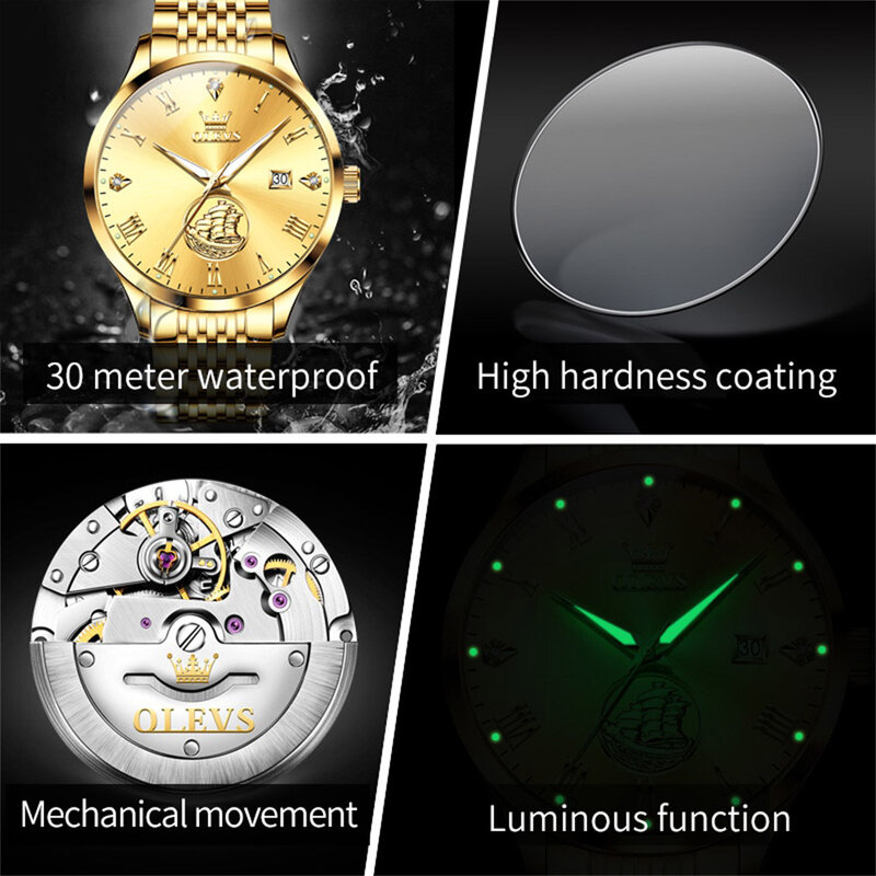OLEVS 남성용 비즈니스 시계, 최고 브랜드 럭셔리 기계식 시계, 스테인리스 스틸 방수 야광 달력 패션 시계