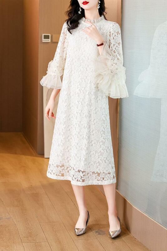 Dress Midi bordir manik-manik bunga wanita, gaun Maxi longgar elegan Korea musim panas Vintage Chic pesta malam 2024