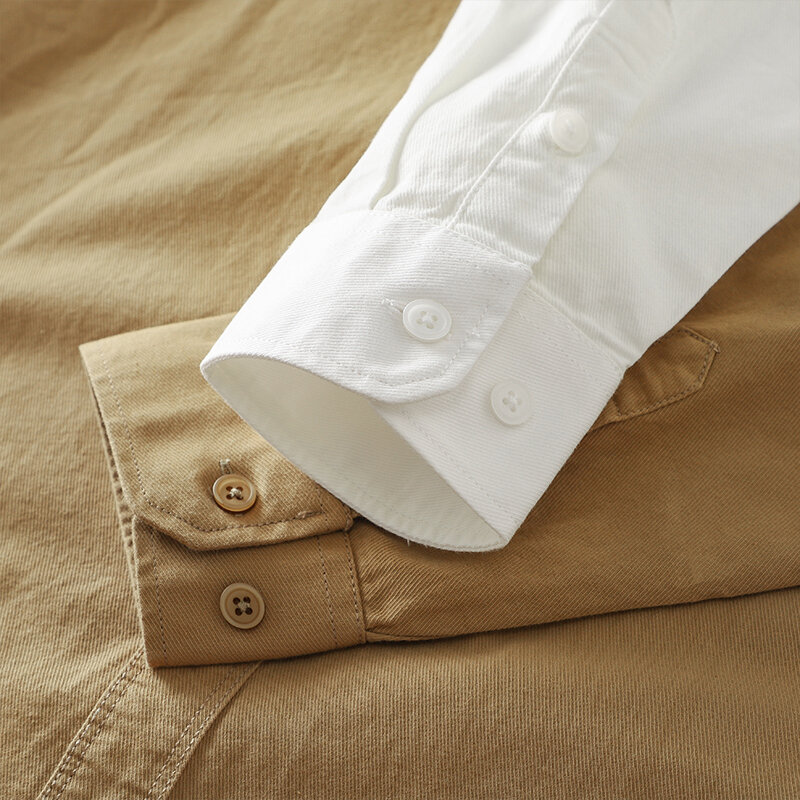Dukeen Long-Sleeved Shirt Men's Spring and Autumn Cotton Senior Sense of Casual Solid Color White Lapel Shirt Vintage Clothes