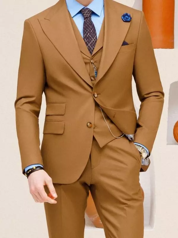 Fatos de negócios marrons e slim fit masculino, terno casual masculino, colete blazer e calça, traje de casamento, moda, 3 peças