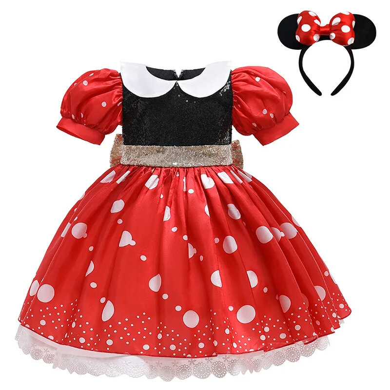 Mickey e minnie vestido de princesa para meninas, traje cosplay, desenhos animados, manga curta, bolinhas, puff, para crianças, verão