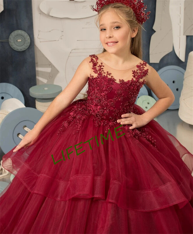 Red Aplique Tulle Puffy Flower Girl Dress Sleeveless Tiered Sequins Lace For Wedding Formal Holy Communion Gown Birthday Dresses