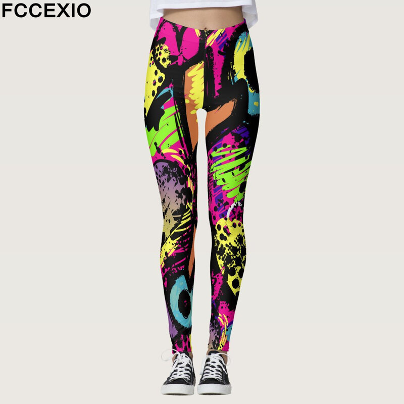 Fccexio Sommer neue geometrische Graffiti-Print Frauen Sport Leggings hohe Taille läuft tght Fitness Workout Yoga Turnhose S-3XL
