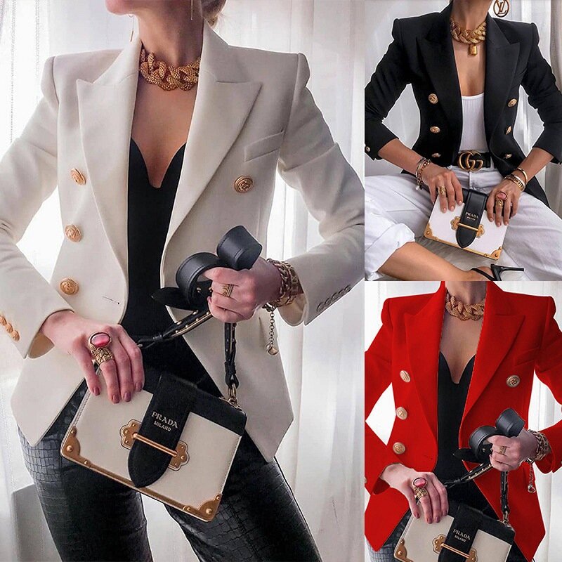 Blazer branco Mulheres Magro Elegante Blazers Jacket Montagem Botões de Leão de Metal Double Breasted Blazer Femme