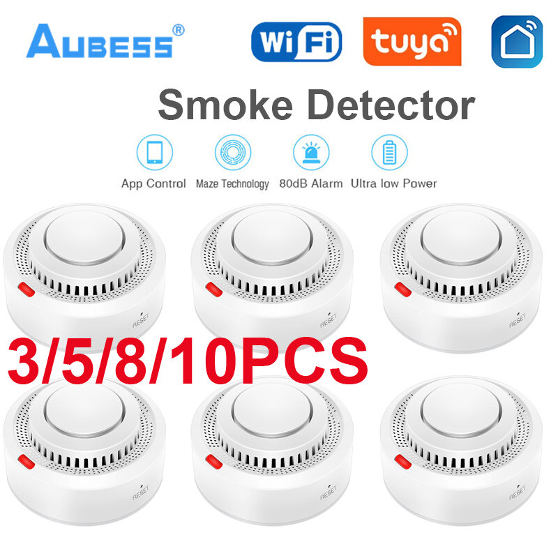 Aubess Tuya detektor asap WiFi, perlindungan keamanan asap Alarm perlindungan api untuk sistem keamanan rumah melalui Smart Life App