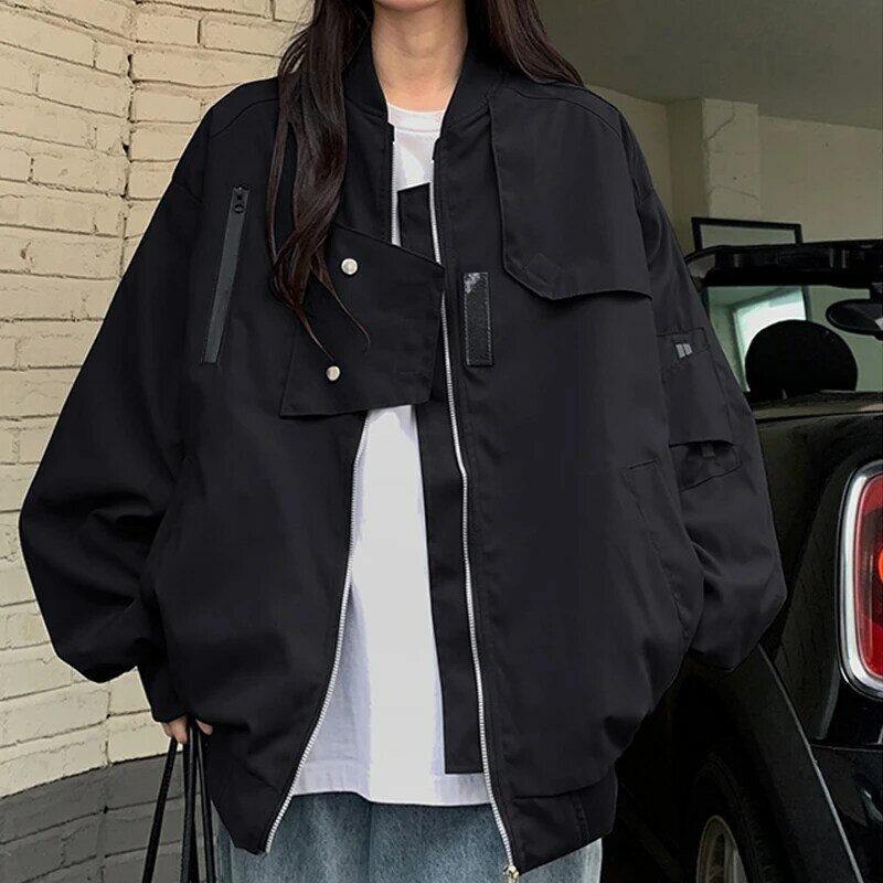 Streetwear Bomber Jackets Women Men Fashion New Loose Round Collar Long Sleeve Zipper Baseball Jacket