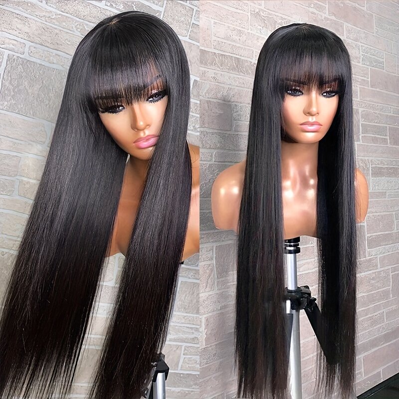 30 Inch Bone Straight Human Hair Wig 3x1 HD Lace Closure Bob Wigs With Bangs Machine Made Wigs Natural Color Hair Fringe Wigs