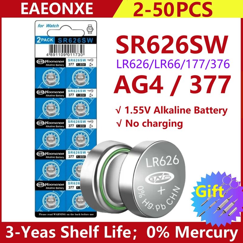 Bateria de Célula Botão para Relógio, Substituição da Lâmpada Vela, Alta Capacidade, SR626SW, AG4 Equivalente 377S 377 LR626, 1.55V, 2-50Pcs