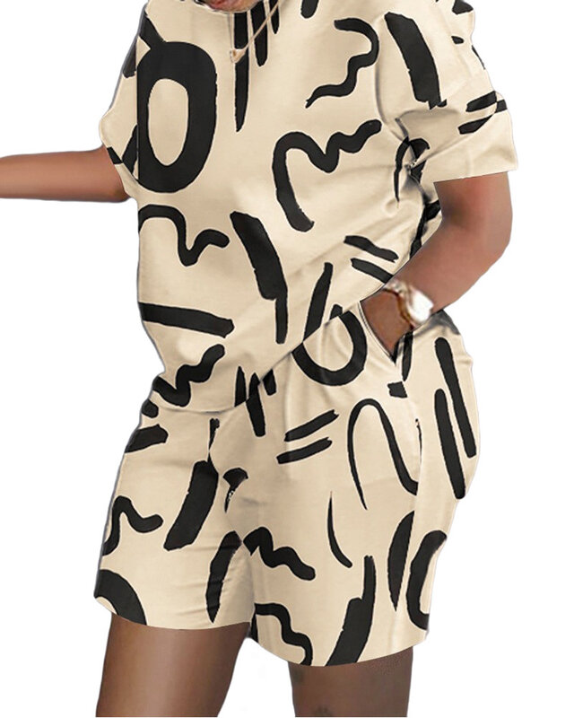 Conjunto de dos piezas de talla grande para mujer, camiseta de manga corta y pantalones cortos con estampado de letras, Panel de contraste, 2 piezas