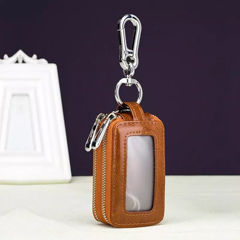 Car Key Bag Leather Zipper Double Key Bag Waist Hanging for Men and Women Keychain Wallet