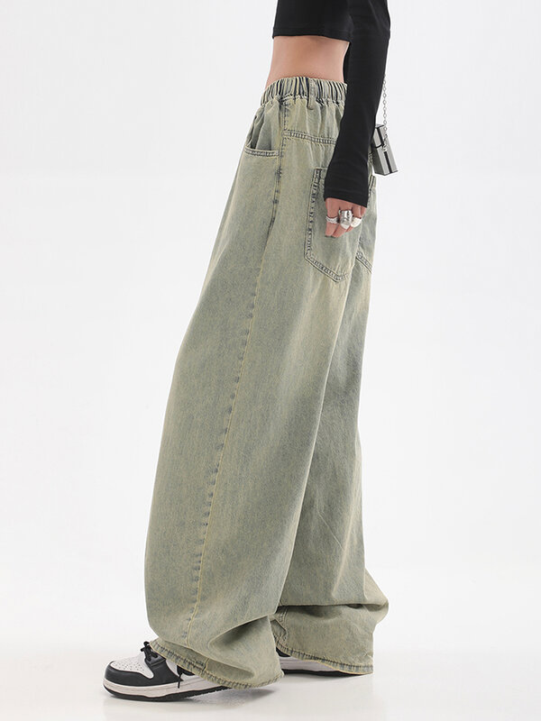 Jeans Kaki Lebar Pinggang Tinggi Antik Wanita Musim Gugur Jalan Raya Serut Lurus Longgar Mengepel Celana Denim Wanita Celana Panjang Wanita