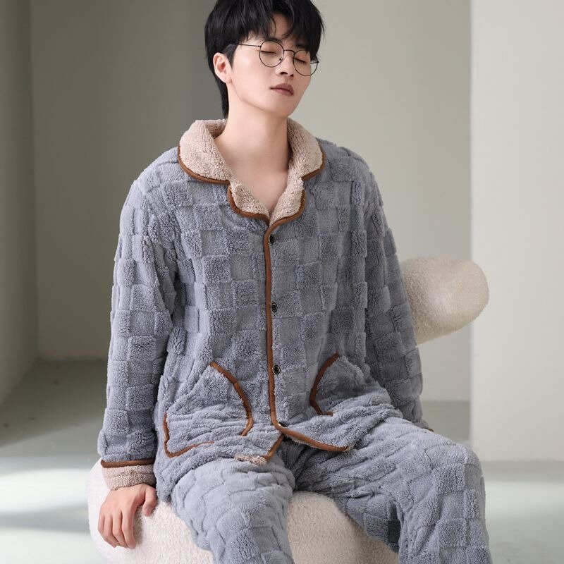 Autumn and Winter Men's Pajamas Thermal Pajamas Male Long-sleeved Suit Flannel Loungewear Cardigan Large Size Comfort Handsome