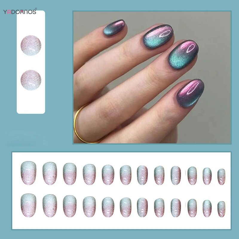 24Pcs Press on Nails Cat's Eye Gradient Blue Purple Color Fake Nails Short Round Head Wearable False Nail for Women DIY Manicure