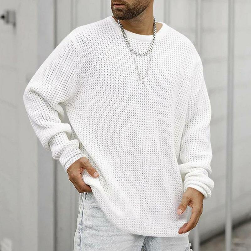 Men Casual Sweater Loose Pullover Sweater Round Neck Knitted Waffled Texture Mid Length Soft Warm Male Sweater Ropa Hombre