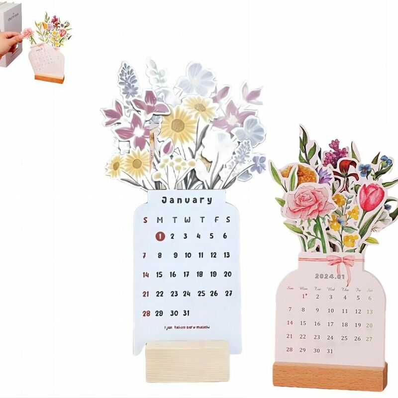 2024 blühende Blumen Schreibtisch Kalender Vase geformt Neujahr monatlichen Kalender Planer Home Office Schreibtisch Dekor