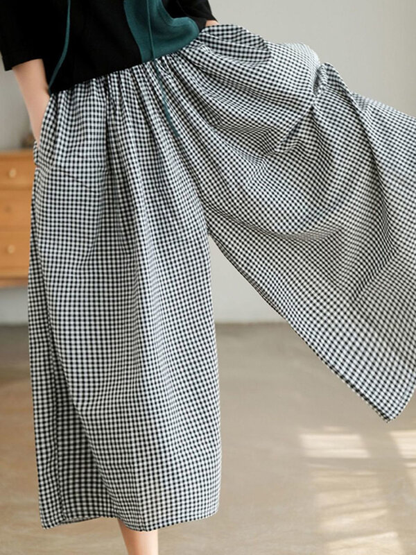 Elegante abito donna pantaloni a quadri pantaloni a gamba larga in lino di cotone sottile donna 2024 pantaloni sportivi larghi a vita alta estivi