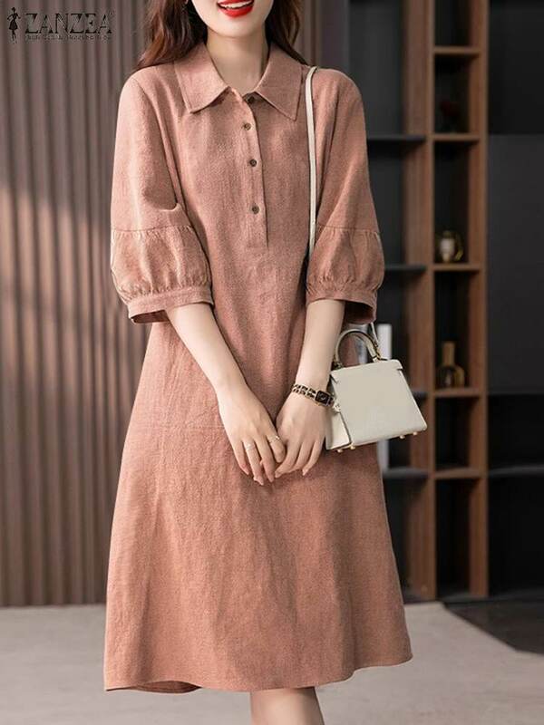 ZANZEA gaun wanita lengan 2024, jubah perempuan leher Lapel kancing polos elegan Midi Vestidos kantor Korea musim panas 3/4