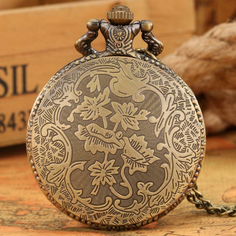 Vintage Bronze Royal Embossed Crown Clamshell Pattern Quartz Pocket Watch Pendant Sweater Chain Necklace Gifts for Men Women