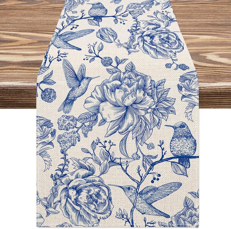 Blue White Linen Table Runners Retro Monochrome Sketch Bird Flower Table Runner Holiday Wedding Party Kitchen Dining Table Decor