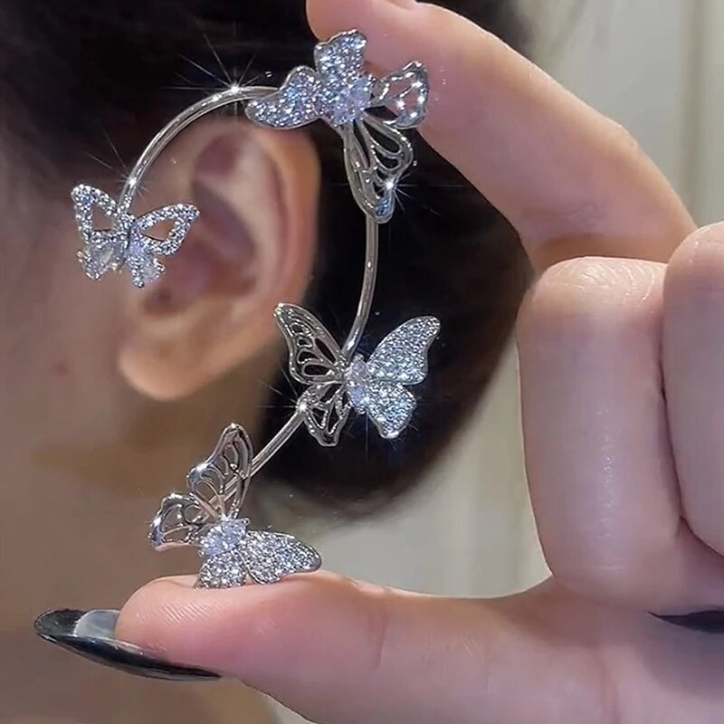 Silver Plated Metal Butterfly Ear Clips para Mulheres, Ear Cuff, No Piercing, Sparkling Zircon Earrings, Wedding Jewelry
