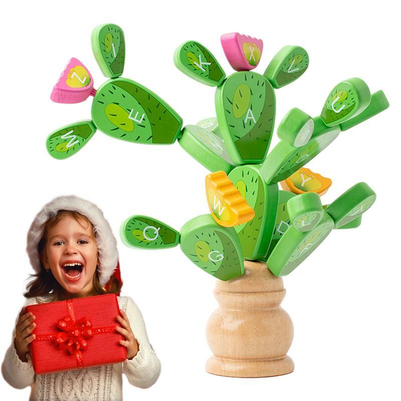 Juego de cactus de apilamiento de madera para bebés y niños pequeños, juguetes educativos cognitivos de letras coloridas, cactus de retazos, juguete de equilibrio
