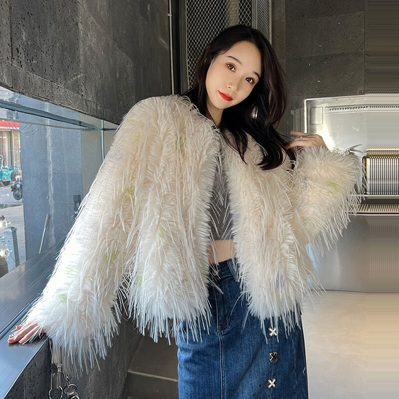Winter Women Korean Short Faux Fur Jacket Casual Round Collar Long Sleeve Elegant Polka Dot Print Female Warm Imitation Fur Coat