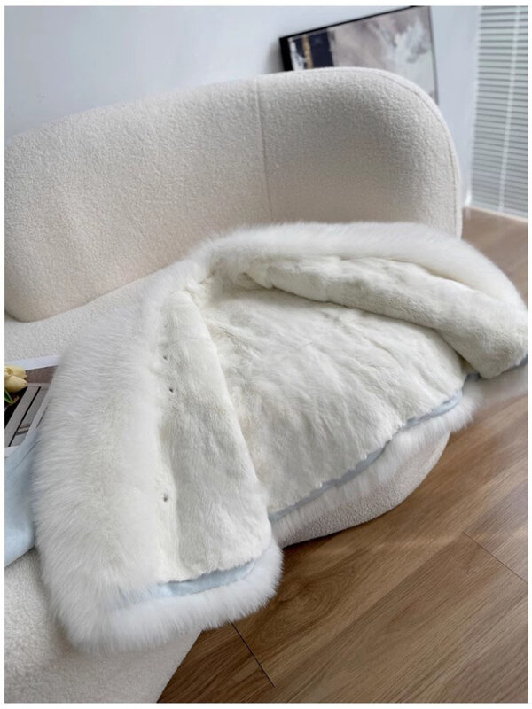 Discount New Winter Fashion Women Real Fur Coat Natural Fox Fur Collar Thick Warm Loose Rex Rabbit Fur Liner Suede Outerwear