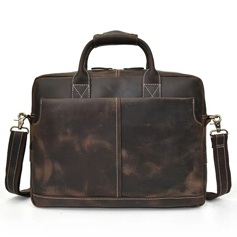 Genuine couro maleta masculina, bolsa de negócios, carteira de couro de vaca, 15,6 "Portfolio Laptop, Crazy Horse